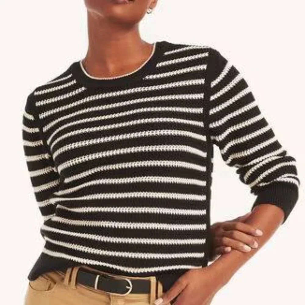 Nautica Navy Blue and White Braided Striped Crewneck Sweater size Large